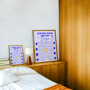 Bingo Card Blue Fort Worth art print by Caya Crum — framed in a wood-accent room