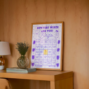 Bingo Card Blue Fort Worth art print by Caya Crum — framed in a wood-accent room