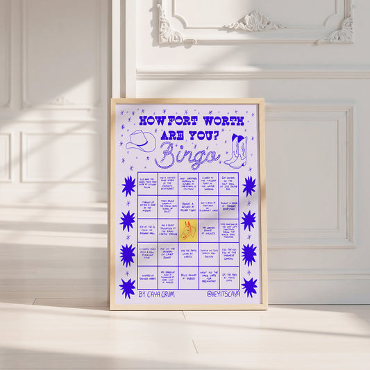 Bingo Card Blue Fort Worth art print by Caya Crum — neutral frame room mockup
