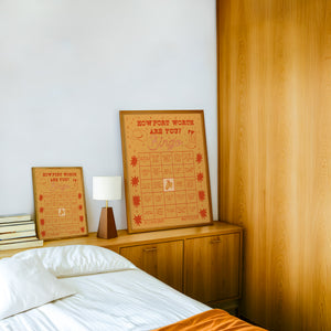 Bingo Card Orange Fort Worth art print by Caya Crum — framed in a wood-accent room