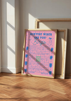 Bingo Card Pink Fort Worth art print by Caya Crum — neutral frame room mockup