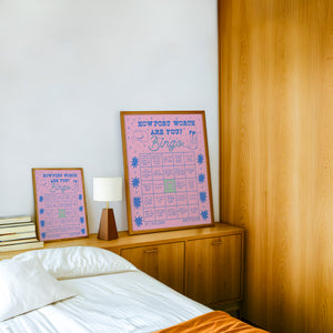 Bingo Card Pink Fort Worth art print by Caya Crum — framed in a wood-accent room