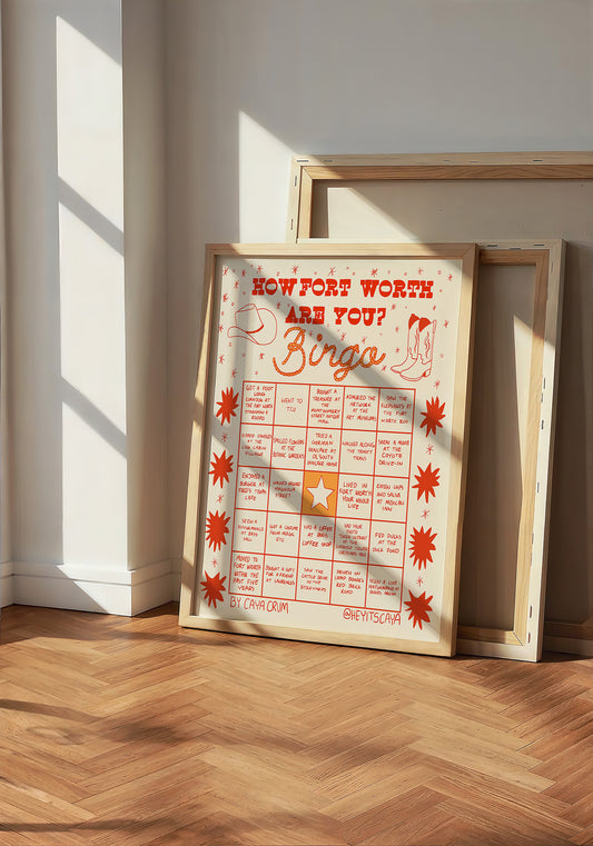 Bingo Card Yellow Fort Worth art print by Caya Crum — neutral frame room mockup