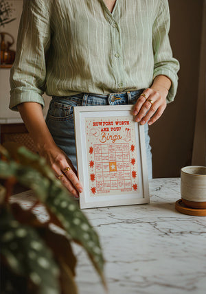 Bingo Card Yellow Fort Worth art print by Caya Crum — neutral frame room mockup