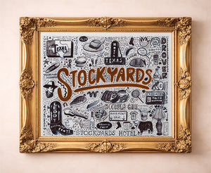 Stockyards Pen & Ink Fort Worth art print by Caya Crum — in a gold frame