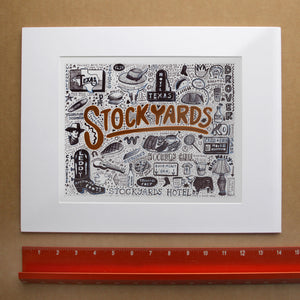 Stockyards Pen & Ink Fort Worth art print by Caya Crum — horizontal room scene