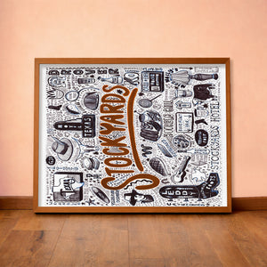Stockyards Pen & Ink Fort Worth art print by Caya Crum — horizontal room scene