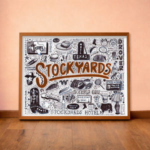 Stockyards Pen & Ink Fort Worth art print by Caya Crum — horizontal room scene