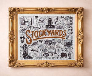 Stockyards Pen & Ink Fort Worth art print by Caya Crum — in a gold frame