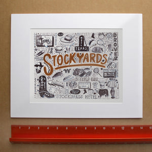 Stockyards Pen & Ink Fort Worth art print by Caya Crum — horizontal room scene