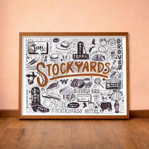 Stockyards Pen & Ink Fort Worth art print by Caya Crum — horizontal room scene