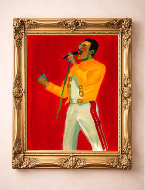 Freddie Live Aid 1985 fan art print by Caya Crum in a gold frame
