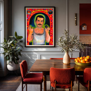 Freddie Mercury Saint Fan shown framed by Crum Art