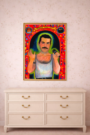 Freddie Mercury Saint Fan shown framed by Crum Art