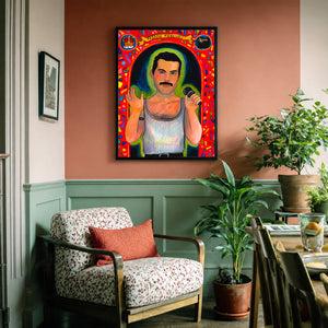 Freddie Mercury Saint Fan shown framed by Crum Art