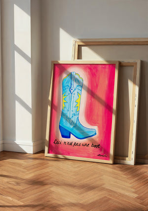 Fort Worth Boot Pink cowboy boot art print by Caya Crum — neutral frame room mockup