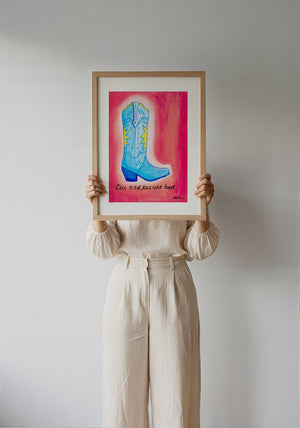 Fort Worth Boot Pink cowboy boot art print by Caya Crum — framed with velvet mat