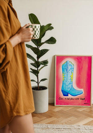 Fort Worth Boot Pink cowboy boot art print by Caya Crum — framed with velvet mat