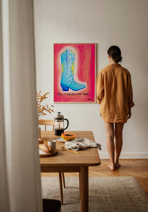 Fort Worth Boot Pink cowboy boot art print by Caya Crum — framed with velvet mat