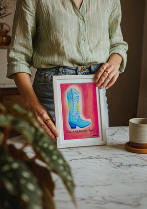 Fort Worth Boot Pink cowboy boot art print by Caya Crum — neutral frame room mockup