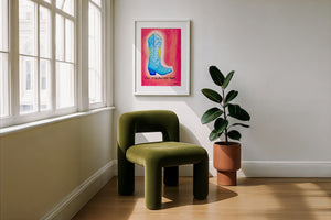 Fort Worth Boot Pink cowboy boot art print by Caya Crum — framed with velvet mat