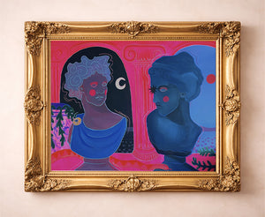 Greco Roman Hot Pink Busts pink wall art print by Caya Crum — in a gold frame