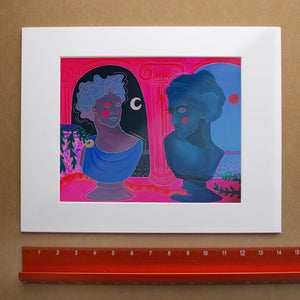 Greco Roman Hot Pink Busts pink wall art print by Caya Crum — horizontal room scene