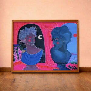 Greco Roman Hot Pink Busts pink wall art print by Caya Crum — horizontal room scene