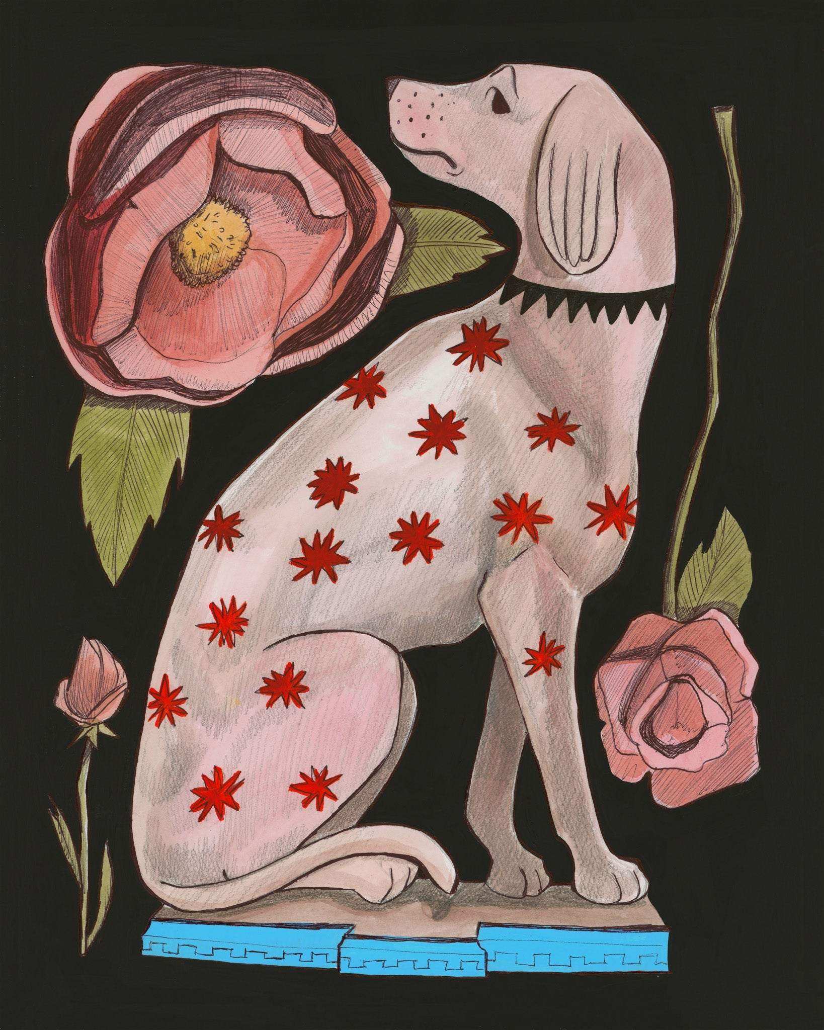Greyhound dog art print with red roses on black background by Betsy Crum