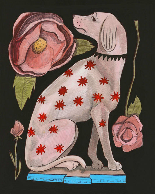 Greyhound dog art print with red roses on black background by Betsy Crum