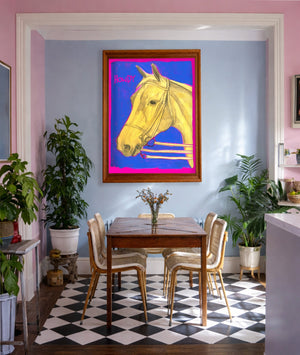 Chinoiserie Horse Blue White shown framed by Crum Art