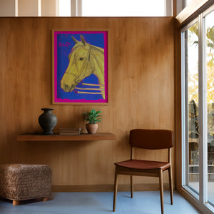 Howdy Horse Neon Yellow horse art print by Caya Crum — framed in a wood-accent room