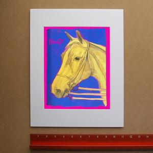 Howdy horse neon yellow art print by Caya Crum, hand-signed vertical fine art print