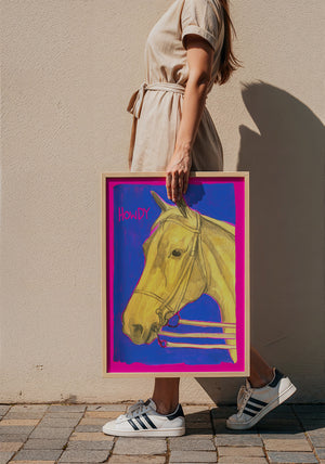 Howdy Horse Neon Yellow horse art print by Caya Crum — framed with velvet mat
