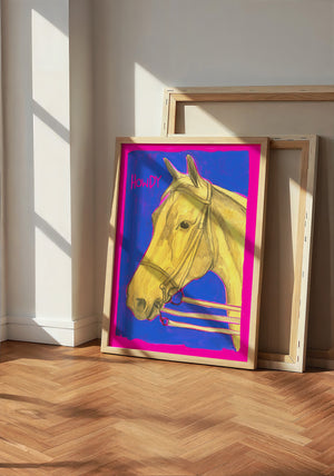 Howdy Horse Neon Yellow horse art print by Caya Crum — neutral frame room mockup