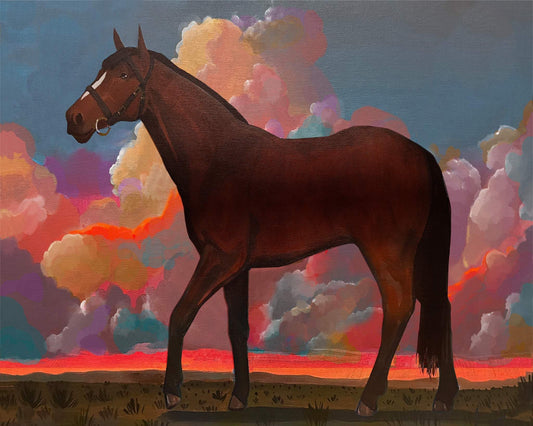 Se And Clouds western landscape art print of a horse with colorful clouds background by Betsy Crum
