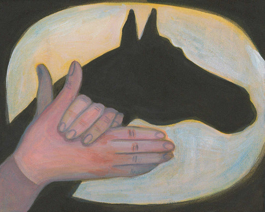 Se Shadow Puppet Western art print showing hands casting a horse shadow puppet on a light background