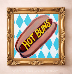 Hot Buns Hot Dog art print in a gold frame by Caya Crum — square kitchen art from Crum Art, available at crumart.com. This museum quality print is made right here in Texas.