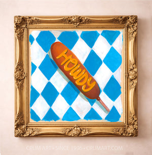 Howdy Corn Dog Print art print in a gold frame by Caya Crum — square kitchen wall art from Crum Art, available at crumart.com. This museum quality print is made right here in Texas.