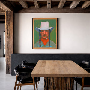 Tex smoking cowboy print by Caya Crum in a rustic room with wood beams