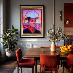 JY Crum cowboy portrait print by Caya Crum framed in a dining room