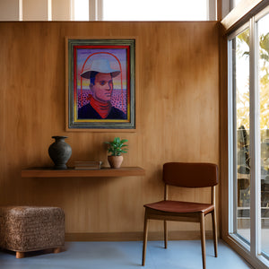 JY Crum Cowboy Portrait art print by Caya Crum — framed in a wood-accent room