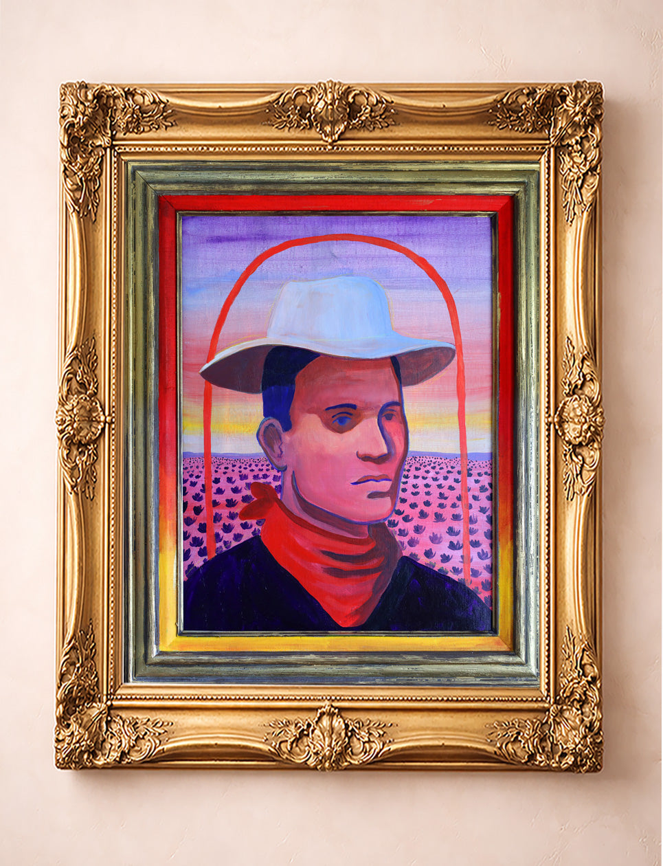 JY Crum rainbow cowboy portrait print by Caya Crum in a gold frame