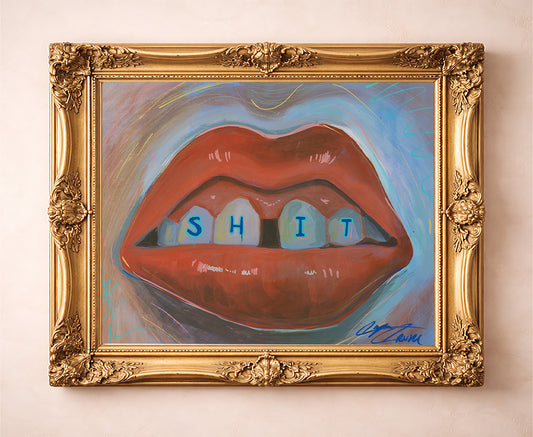 Gap Toothed Lips weirdcore art print by Caya Crum — in a gold frame
