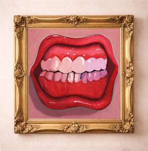 Punk Teeth & Lips Print in a gold frame by Caya Crum — square pink wall art available at crumart.com. This museum quality print is made right here in Texas.