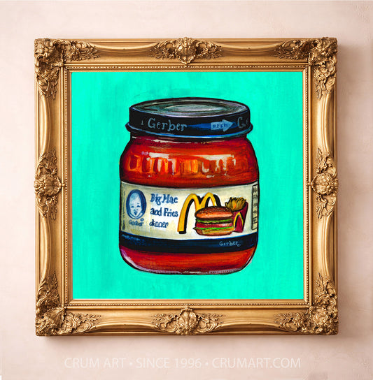 Gerber Big Mac Print art print in a gold frame by Caya Crum — square weirdcore art from Crum Art, available at crumart.com. This museum quality print is made right here in Texas.