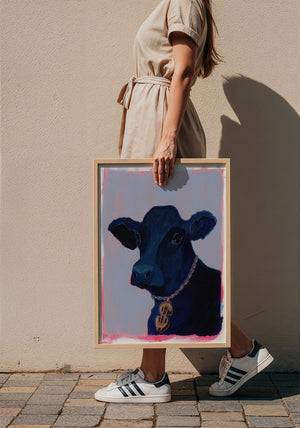 Money Cow pink pop art cow print by Caya Crum — framed vertical room scene