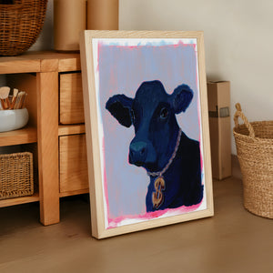 Money Cow cow painting print by Caya Crum — framed vertical room scene