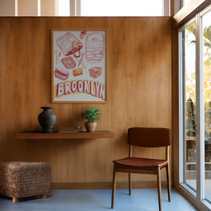 Brooklyn city art print by Caya Crum — framed in a wood-accent room