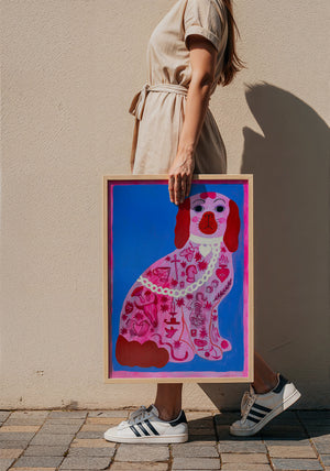 Pink Dog Tattoo dog art print by Caya Crum — framed with velvet mat